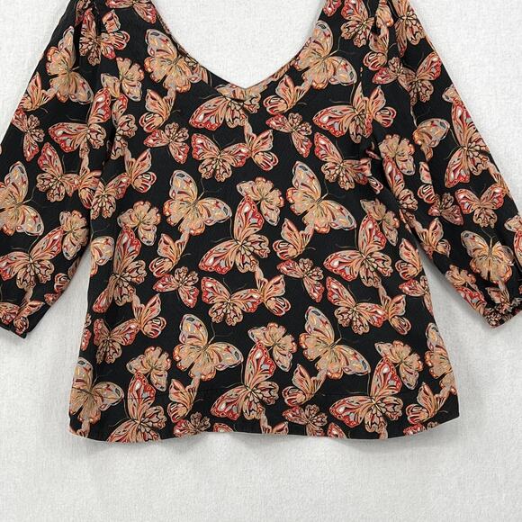 JOHNNY WAS Silk Akil Butterfly Print Top Womens XS Black V Neck 3/4 Puff Sleeve - Picture 6 of 13